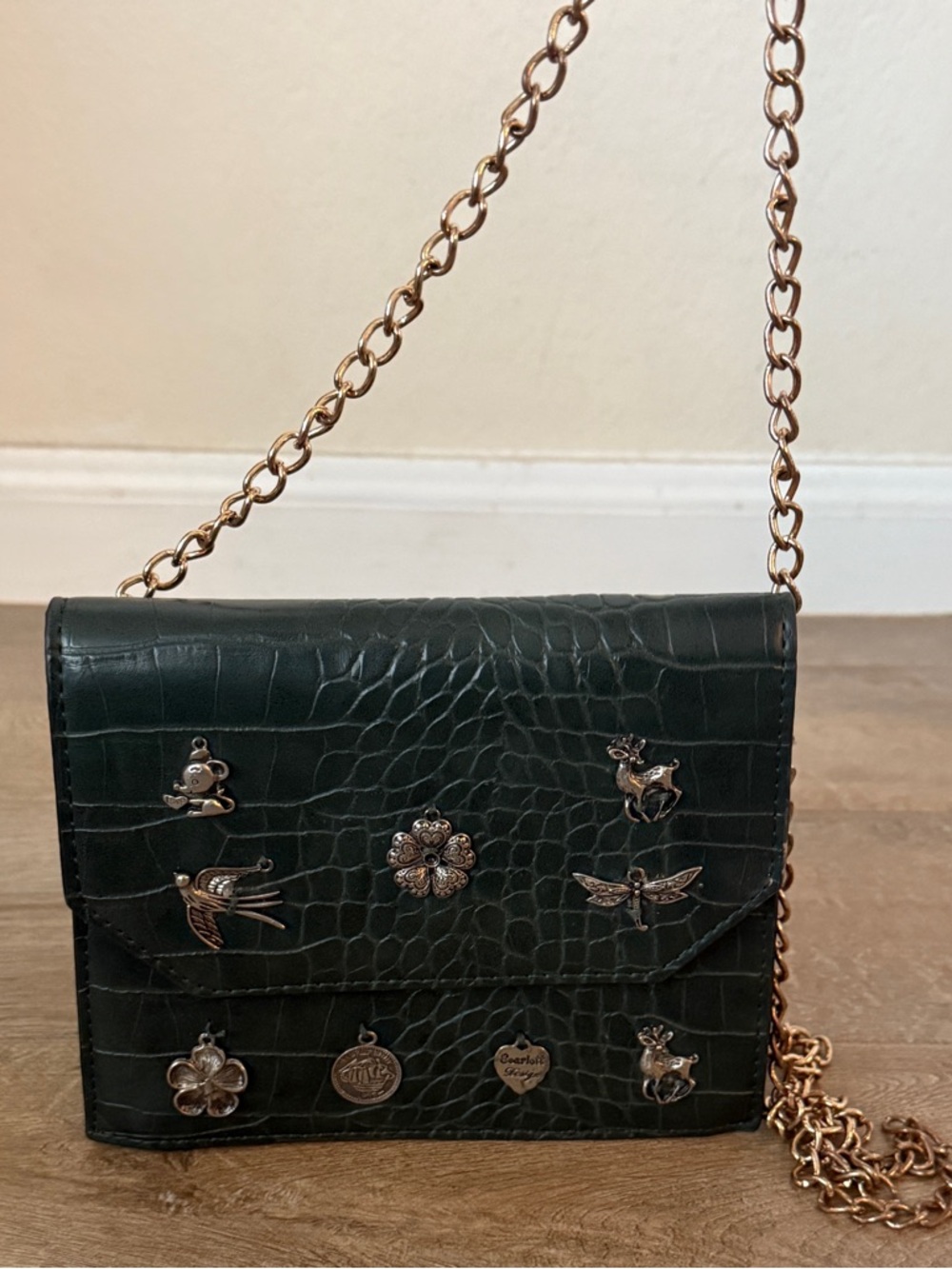 Outfitters Dark Green Croc-Embossed Chain Shoulder Bag with Charms